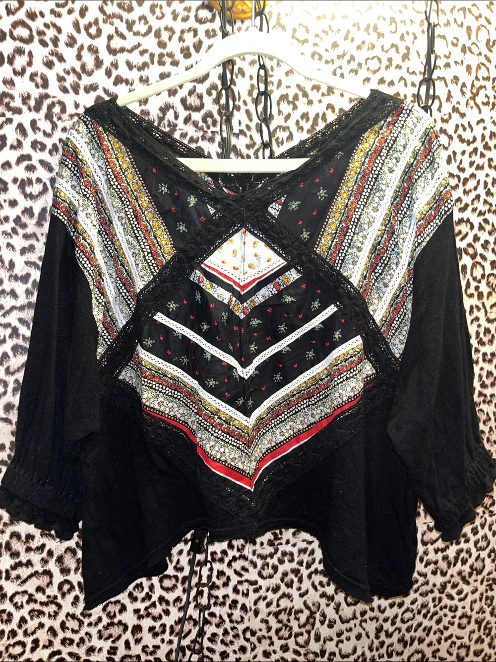 Free people Boho Embroidered Black V-Neck Crop Top